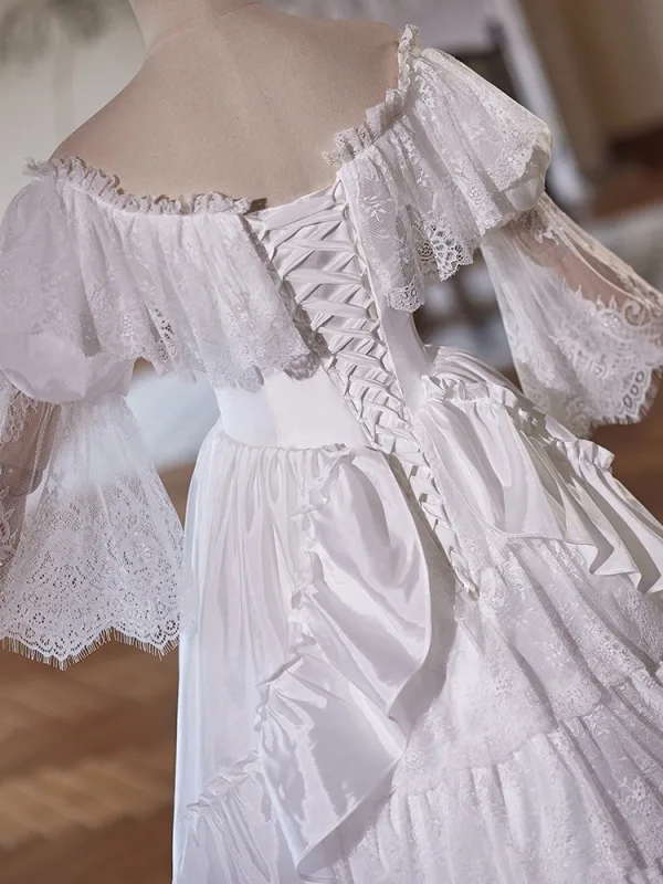 Vintage / Retro Medieval White Lace Flower Wedding Dresses Ball Gown 2025 Off-The-Shoulder Long Sleeve Backless Floor-Length / Long Wedding