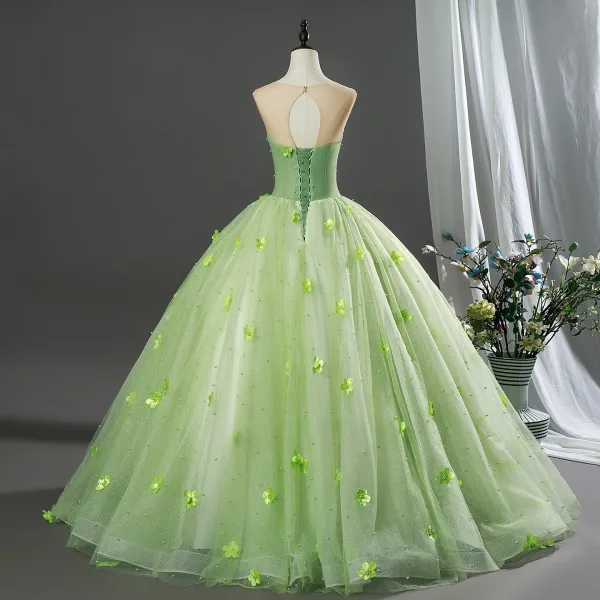 Fée Des Fleurs Vert Cendré Appliques Perlage Robe De Bal 2026 Robe Boule Encolure Dégagée Sans Manches Dos Nu Longue Robe De Ceremonie