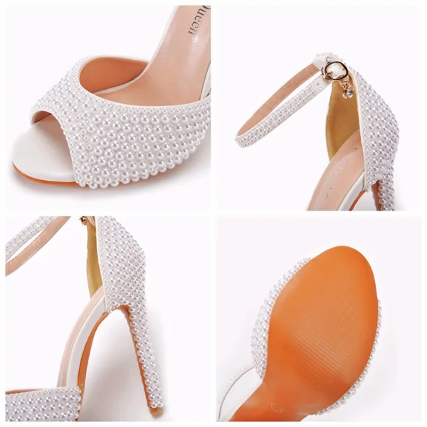 Chic / Beautiful White Pearl Wedding Shoes 2022 11 cm Stiletto Heels Ankle Strap Open / Peep Toe Wedding Sandals High Heels