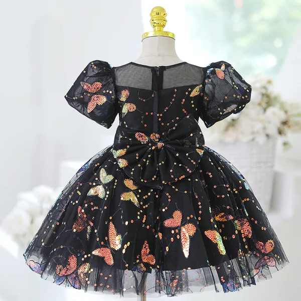 Chic / Belle Noire Papillon Paillettes Anniversaire Robe Ceremonie Fille 2023 Encolure Dégagée Manches Courtes Courte Robe Ceremonie Fille