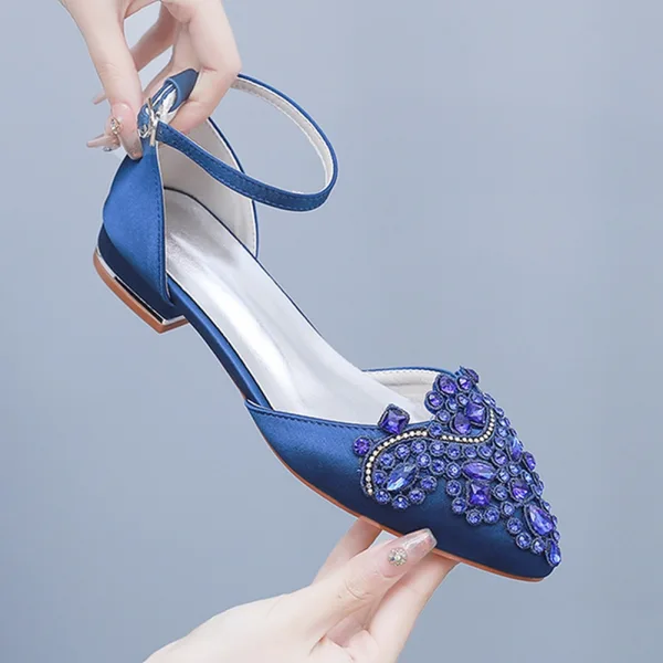 Chic / Beautiful Dark Green Rhinestone Prom Flat Womens Shoes Womens Sandals 2024 Ankle Strap Pointed Toe Sandals