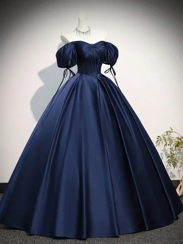 Vintage / Retro Navy Blue Prom Dresses 2026 Ball Gown Off-The-Shoulder Puffy Short Sleeve Backless Floor-Length / Long Formal Dresses