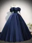 Vintage / Retro Navy Blue Prom Dresses 2026 Ball Gown Off-The-Shoulder Puffy Short Sleeve Backless Floor-Length / Long Formal Dresses