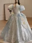 Charming Sparkly Sky Blue Beading Pearl Sequins Flower Girl Dresses 2024 Ball Gown High Neck Short Sleeve Backless Floor-Length / Long Birthday