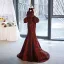 Sexy Burgundy Printing Evening Dresses 2023 Trumpet / Mermaid Halter Bow Short Sleeve Backless Floor-Length / Long Evening Party Formal Dresses