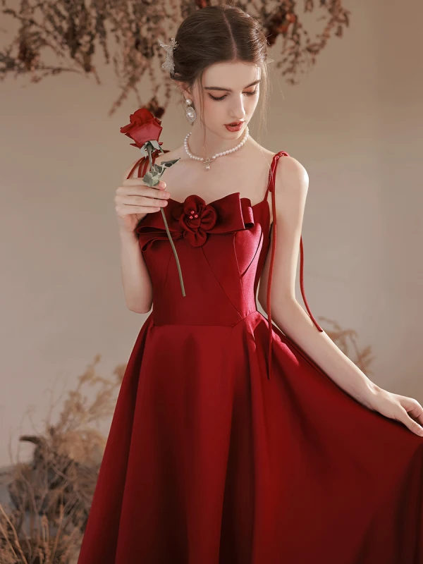 Modern / Fashion Burgundy Satin Evening Dresses 2023 A-Line / Princess Spaghetti Straps Bow Sleeveless Backless Floor-Length / Long Evening Party Formal Dresses