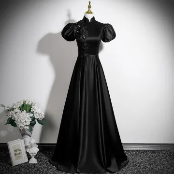 Vintage Originale Noire Satin Appliques Robe De Bal 2025 Princesse Col Haut Gonflée Manches Courtes Dos Nu Longue Promo Robe De Ceremonie