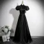 Vintage / Retro Black Satin Appliques Prom Dresses 2025 A-Line / Princess High Neck Puffy Short Sleeve Backless Floor-Length / Long Prom Formal Dresses