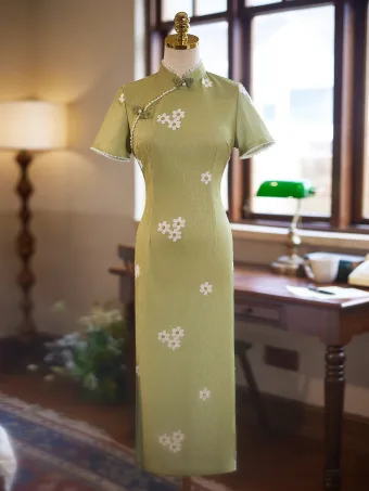 Chinese Style Sage Green Floral Evening Party Cheongsam 2025 Trumpet Mermaid High Neck Short Sleeve Floor Length Long Cheongsam Qipao