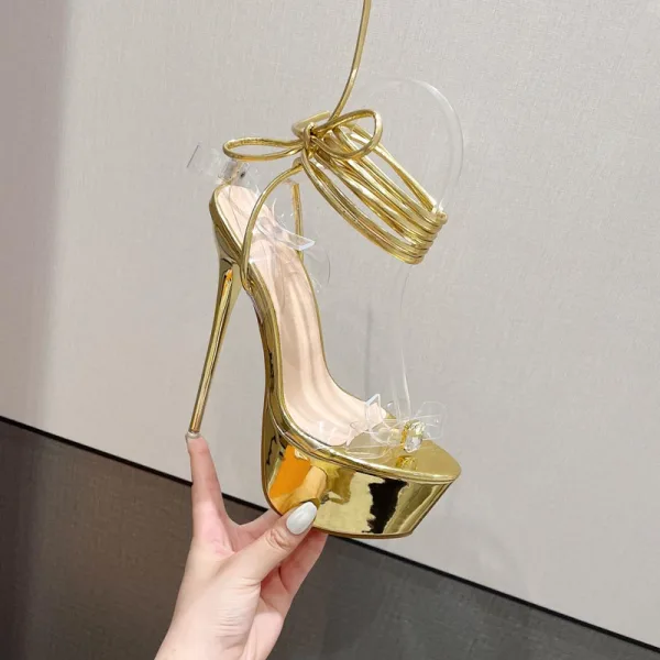 Charming Gold Summer Cocktail Party Womens Sandals 2022 Open / Peep Toe 16 cm Stiletto Heels Ankle Strap Sandals High Heels