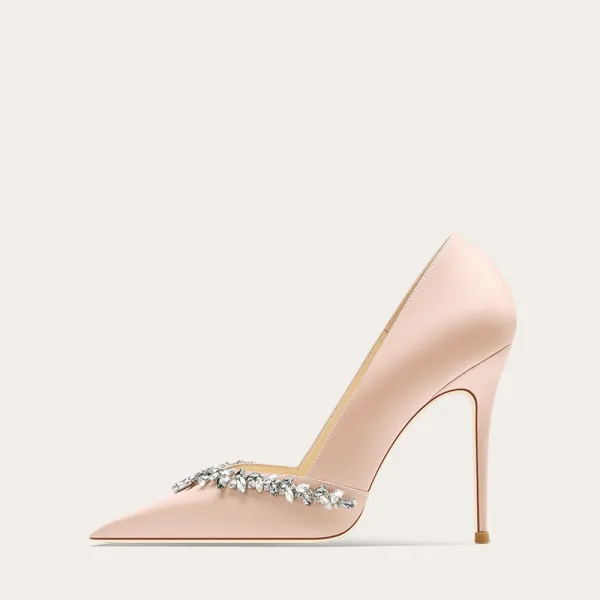 Elegante Champagne Rhinestone Satijn Bruidsschoenen 2024 10 cm Naaldhakken / Stiletto Spitse Neus Huwelijk Pumps Hoge Hakken