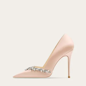 Elegantes Champán Rhinestone Satén Zapatos De Novia 2024 10 Cm Stilettos Tacones De Aguja Punta Estrecha Boda Tacones High Heels
