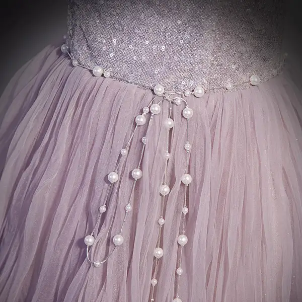 Chic / Beautiful Lavender Beading Sequins Prom Dresses 2022 A-Line / Princess Strapless Short Sleeve Backless Bow Pearl Floor-Length / Long Prom Formal Dresses