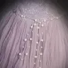 Chic / Beautiful Lavender Beading Sequins Prom Dresses 2022 A-Line / Princess Strapless Short Sleeve Backless Bow Pearl Floor-Length / Long Prom Formal Dresses