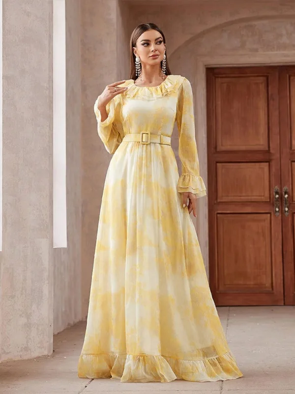 Élégant Jaune Robe De Bal 2025 Princesse Encolure Dégagée Manches de cloche Longue Promo Robe De Ceremonie