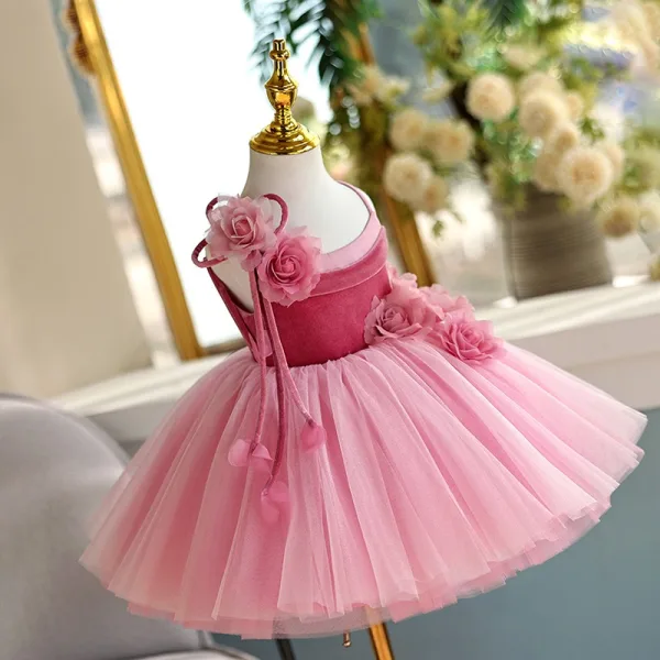 Chic / Beautiful Fuchsia Appliques Birthday Flower Girl Dresses 2025 Ball Gown Spaghetti Straps Sleeveless Backless Floor-Length / Long Flower Girl Dresses