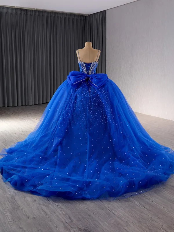 High-end Royal Blue Rhinestone Ball Gown Prom Dresses 2024 Spaghetti Straps Sleeveless Backless Bow Court Train Prom Formal Dresses
