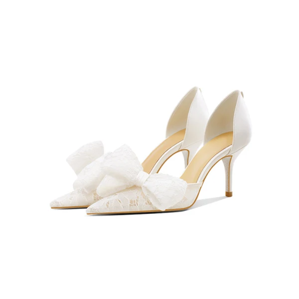 Elegant White Lace Bow Wedding Shoes 2023 7 cm Stiletto Heels Pointed Toe Leather Wedding High Heels