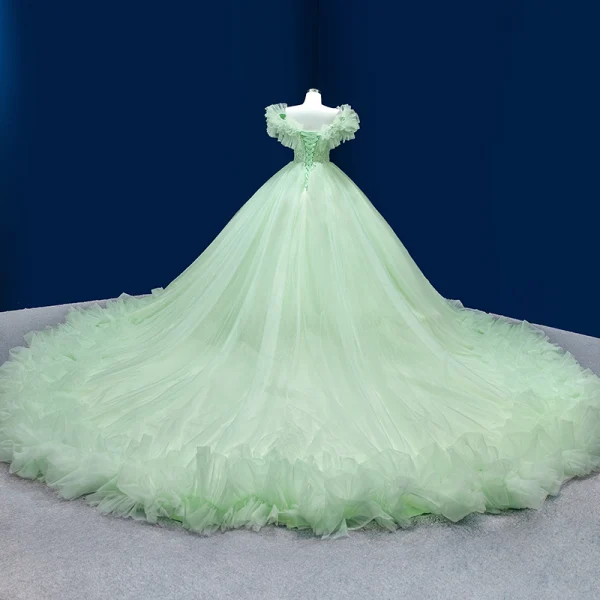 Luxe Vert Cendré Volants en Cascade Perlage Faux Diamant Paillettes Robe De Bal 2022 Robe Boule V-Cou Manches Courtes Dos Nu Royal Train Promo Robe De Ceremonie
