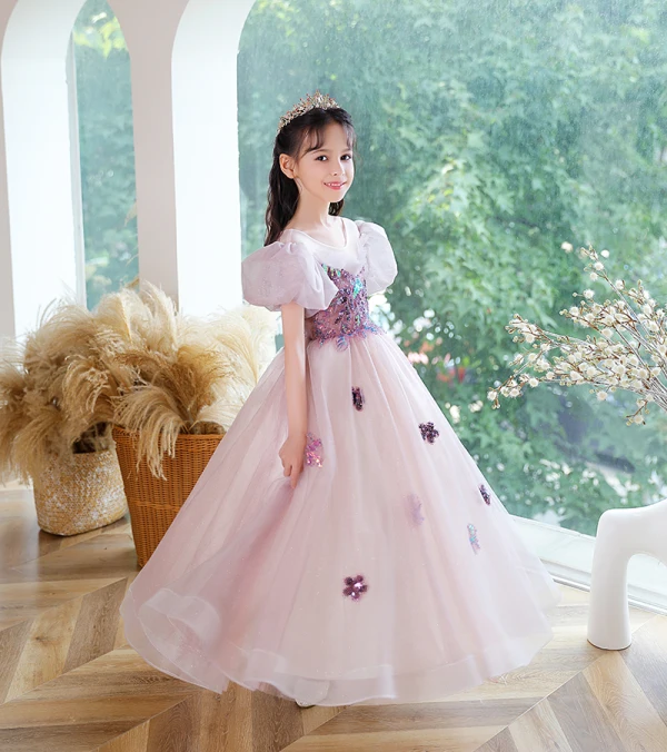 Chic / Beautiful Purple Birthday Flower Girl Dresses 2023 A-Line / Princess Scoop Neck Beading Sequins Puffy Short Sleeve Backless Floor-Length / Long Flower Girl Dresses