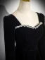 Vintage / Retro Black Winter Pearl Velvet Prom Dresses 2024 A-Line / Princess Square Neckline Long Sleeve Backless Floor-Length / Long