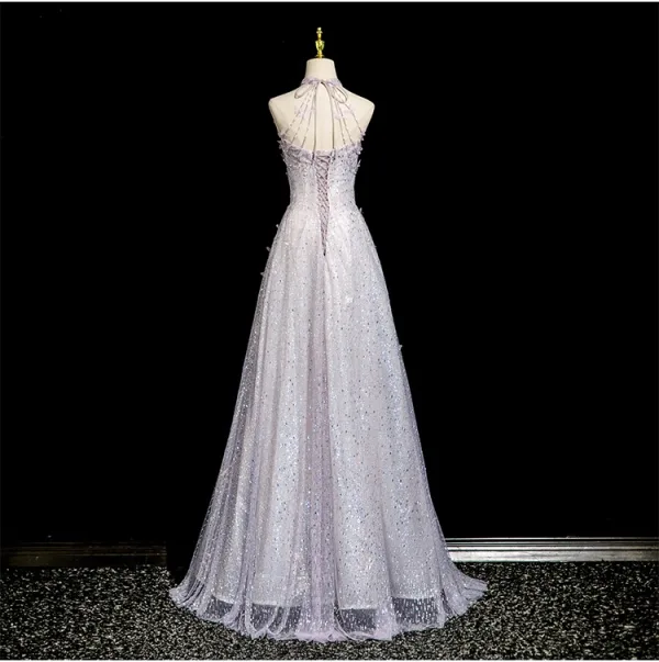Charming Lavender Beading Appliques Sequins Prom Dresses 2025 A-Line / Princess High Neck Sleeveless Backless Floor-Length / Long Formal Dresses