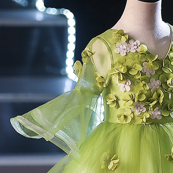Flower Fairy Sage Green Appliques Birthday Flower Girl Dresses 2024 Ball Gown V-Neck Bell sleeves Floor-Length / Long
