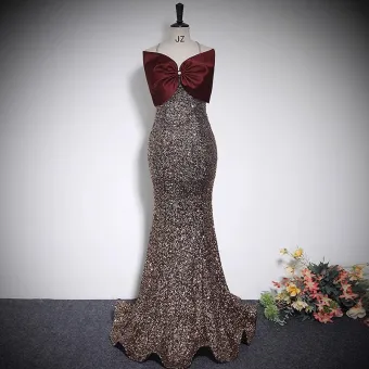 Scintillantes Sexy Bordeaux Paillettes Robe De Soirée 2023 Trompette Sirène Bretelles Spaghetti Noeud Sans Manches Dos Nu Longue Soirée Robe De Ceremonie