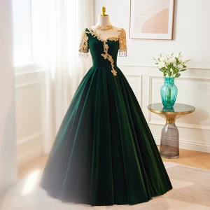 Vintage Retro Dark Green Velvet Beading Rhinestone Tassel Prom Dresses 2023 A Line Princess High Neck Short Sleeve Backless Floor Length Long Formal Dresses