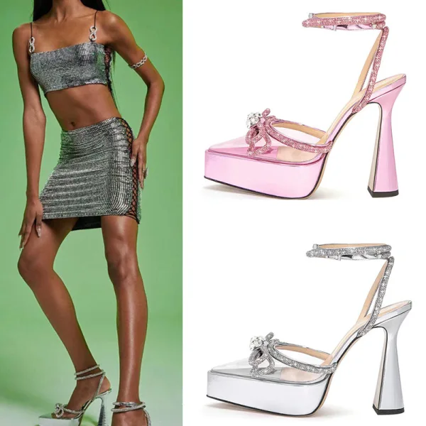 Sexy Argenté Faux Diamant Chaussure De Mariée 2022 Bride Cheville 11 cm Talons Aiguilles Peep Toes / Bout Ouvert Mariage Talons Hauts