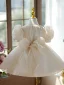 Chic / Beautiful Champagne Pearl Birthday Short Flower Girl Dresses 2024 Ball Gown Scoop Neck Puffy Short Sleeve Bow