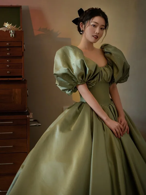 Elegant Sage Green Satin Prom Dresses 2025 Ball Gown Square Neckline Puffy Short Sleeve Backless Floor-Length / Long Prom Formal Dresses