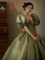 Elegant Sage Green Satin Prom Dresses 2025 Ball Gown Square Neckline Puffy Short Sleeve Backless Floor-Length / Long Prom Formal Dresses