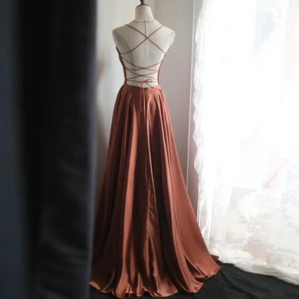 Sexy Coffee Beach Holiday Casual Prom Dresses 2024 A-Line / Princess Spaghetti Straps Sleeveless Backless X-Strap Floor-Length / Long Formal Dresses
