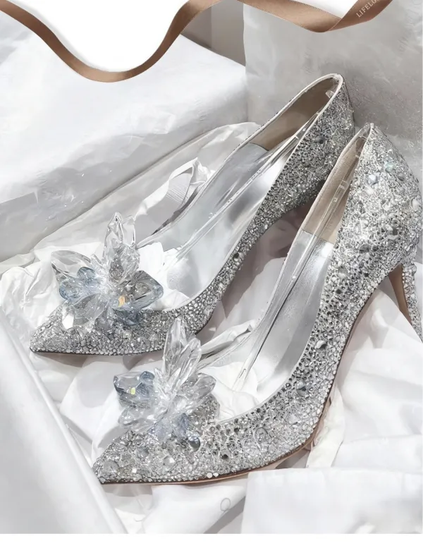 Charmant Argenté Cristal Chaussure De Mariée 2026 6 cm Talons Aiguilles Faux Diamant À Bout Pointu Mariage Escarpins