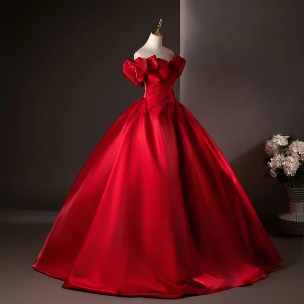 Elegant Red Prom Dresses 2025 Ball Gown Ruffle Off-The-Shoulder Short Sleeve Backless Floor-Length / Long Formal Dresses