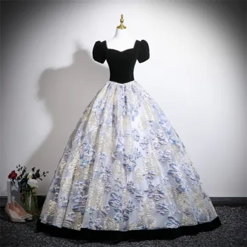 Élégant Noire Impression Velours Robe De Bal 2025 Robe Boule Encolure Carrée Gonflée Manches Courtes Dos Nu Longue Robe De Ceremonie