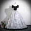 Elegant Black Printing Velvet Prom Dresses 2025 Ball Gown Square Neckline Puffy Short Sleeve Backless Floor-Length / Long Formal Dresses