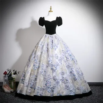 Élégant Noire Impression Velours Robe De Bal 2025 Robe Boule Encolure Carrée Gonflée Manches Courtes Dos Nu Longue Robe De Ceremonie
