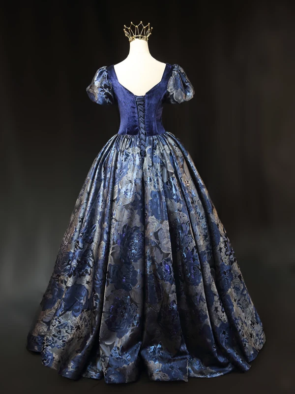 Vintage / Retro Ocean Blue Prom Dresses 2023 Ball Gown Rhinestone Square Neckline Puffy Short Sleeve Backless Floor-Length / Long Prom Formal Dresses