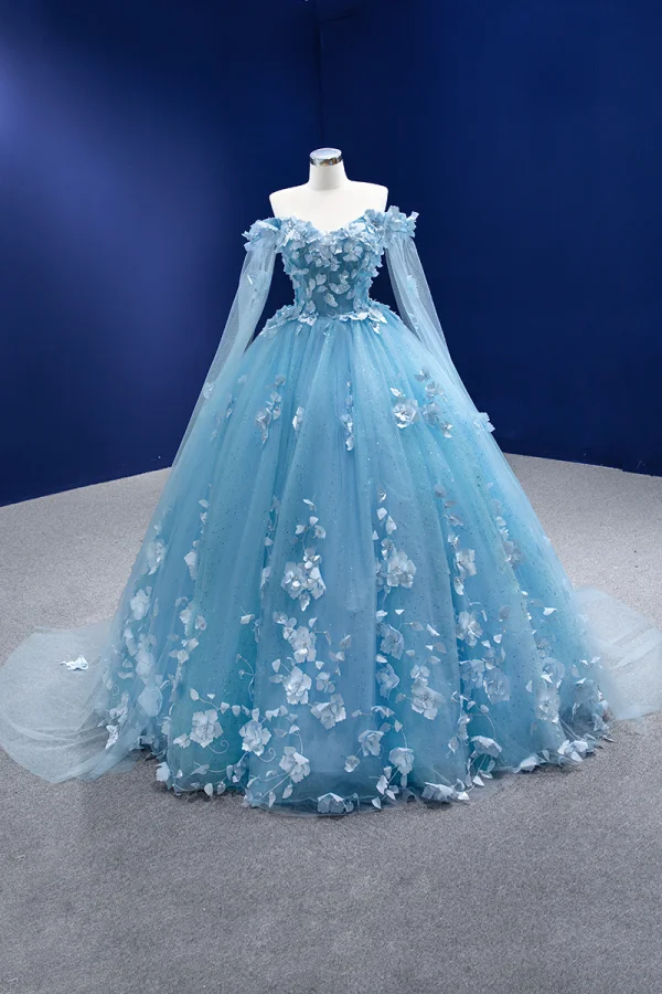 Elegant Pool Blue Pearl Appliques Prom Dresses 2022 Ball Gown Off-The-Shoulder Long Sleeve Backless Floor-Length / Long Formal Dresses