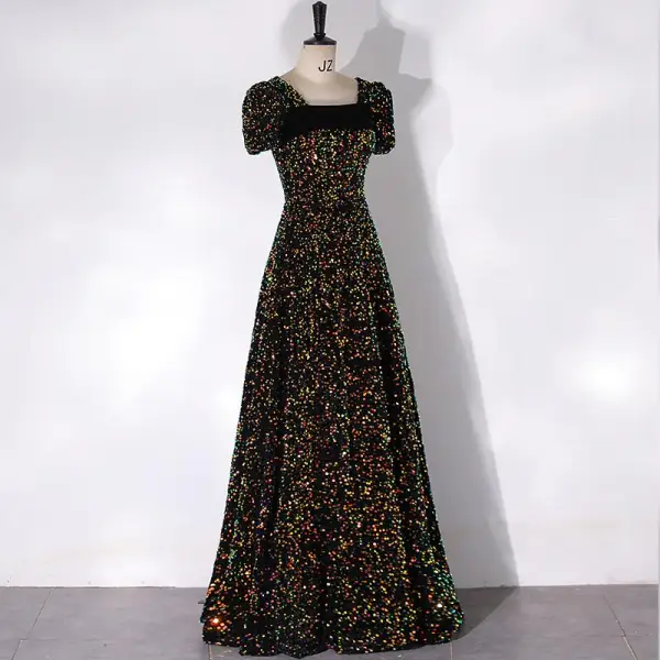 Scintillantes Noire Paillettes Robe De Bal 2024 Princesse Encolure Carrée Gonflée Manches Courtes Dos Nu Longue Promo Robe De Ceremonie