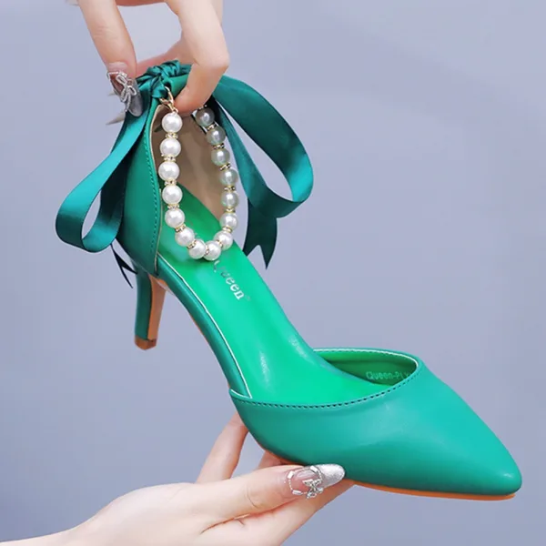 Sexy Black Pearl Ankle Strap Evening Party Womens Shoes 2024 7 cm Stiletto Heels Pointed Toe High Heels