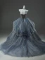High-end Navy Blue Beading Cascading Ruffles Prom Dresses 2024 Ball Gown Strapless Sleeveless Backless Court Train Prom Formal Dresses