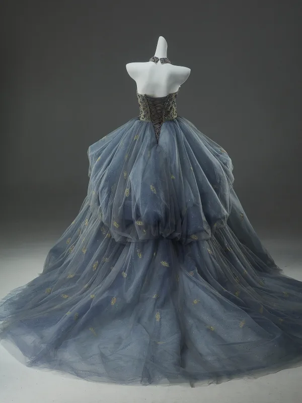 Luxury / Gorgeous Sky Blue Cascading Ruffles Prom Dresses Homecoming Graduation Dresses 2025 Ball Gown Strapless Handmade  Beading Sleeveless Backless Chapel Train Formal Dresses