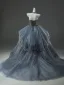 Luxury / Gorgeous Sky Blue Cascading Ruffles Prom Dresses Homecoming Graduation Dresses 2025 Ball Gown Strapless Handmade  Beading Sleeveless Backless Chapel Train Formal Dresses
