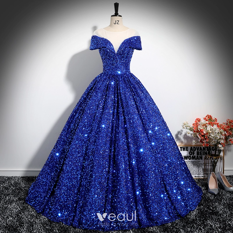 A Line 2024 Sequin Royal Blue Prom Dresses Long Sleeve Winter