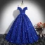 Sparkly Royal Blue Beading Sequins Prom Dresses 2024 Ball Gown Off-The-Shoulder Short Sleeve Backless Floor-Length / Long Prom Formal Dresses