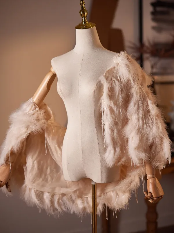 High-end Jaw-dropping Champagne Handmade  Feather Tassel Evening Party shawl 2026