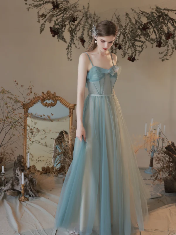 Simple Bleu Ciel Robe De Bal 2022 Princesse Bretelles Spaghetti Sans Manches Dos Nu Noeud Longue Robe De Ceremonie
